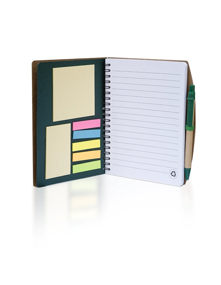 Kraft Green Notebook with Sticky Notes & Pen – 80 Sheets – Recycled Paper Stationery Set